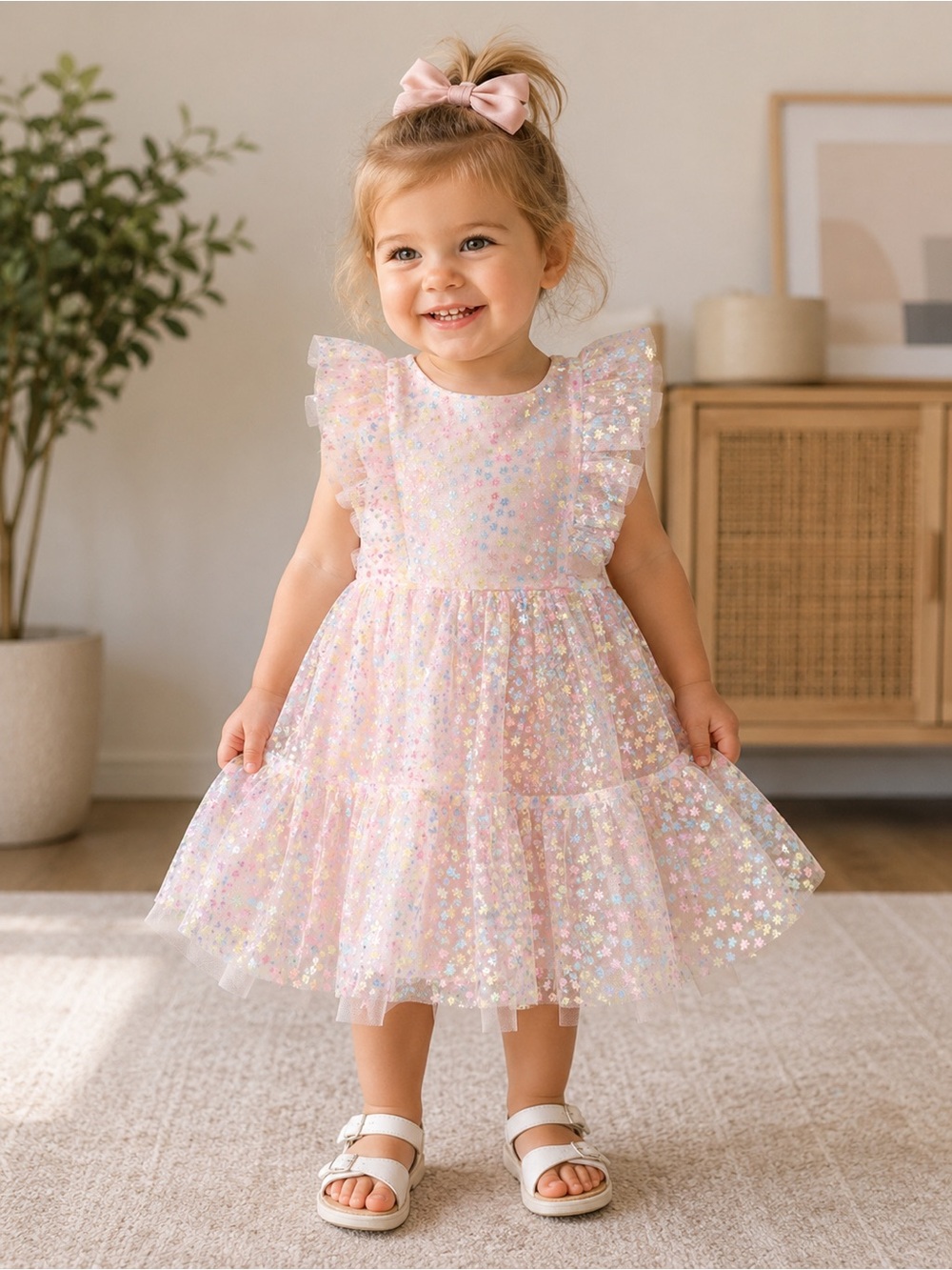 Lola + The Boys Iridescent Pink Daisy Sequins Tulle Ruffle Dress